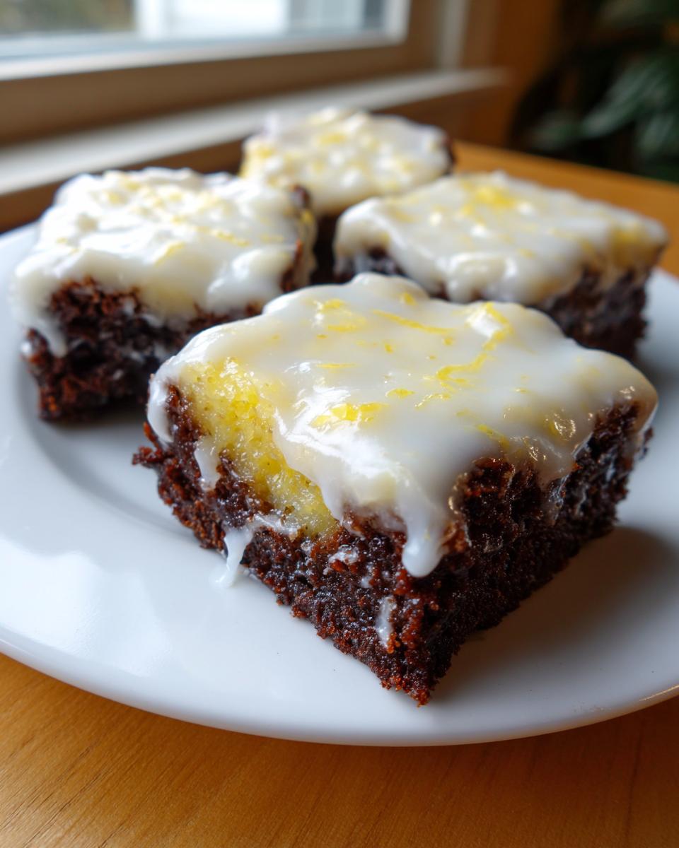 Close-up of fudgy Lemon Brownies squares topped with a thick white glaze and lemon zest.