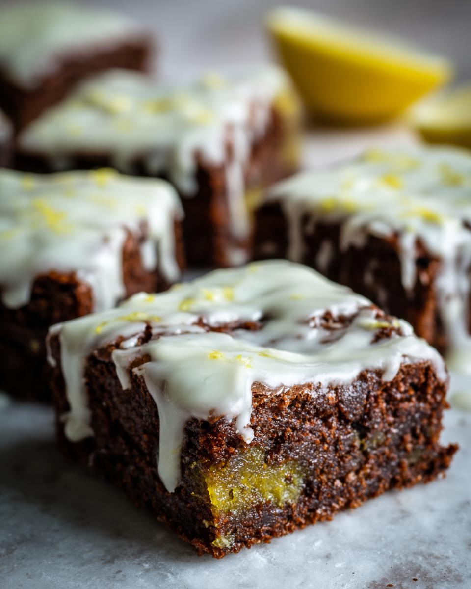 Close-up of a fudgy Lemon Brownies square showing a gooey lemon filling, topped with white glaze and zest.