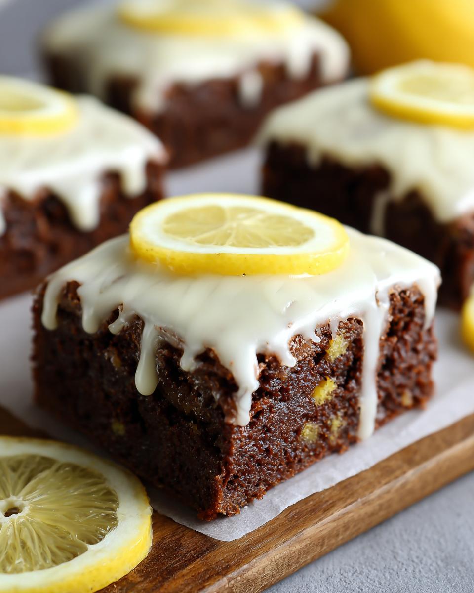 Close-up of a fudgy Lemon Brownies square topped with white glaze and a fresh lemon slice.