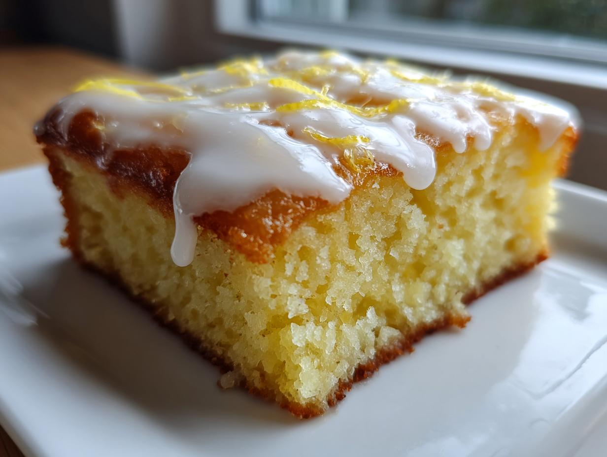 Close-up of a fudgy slice of Lemon Brownies topped with white glaze and lemon zest.