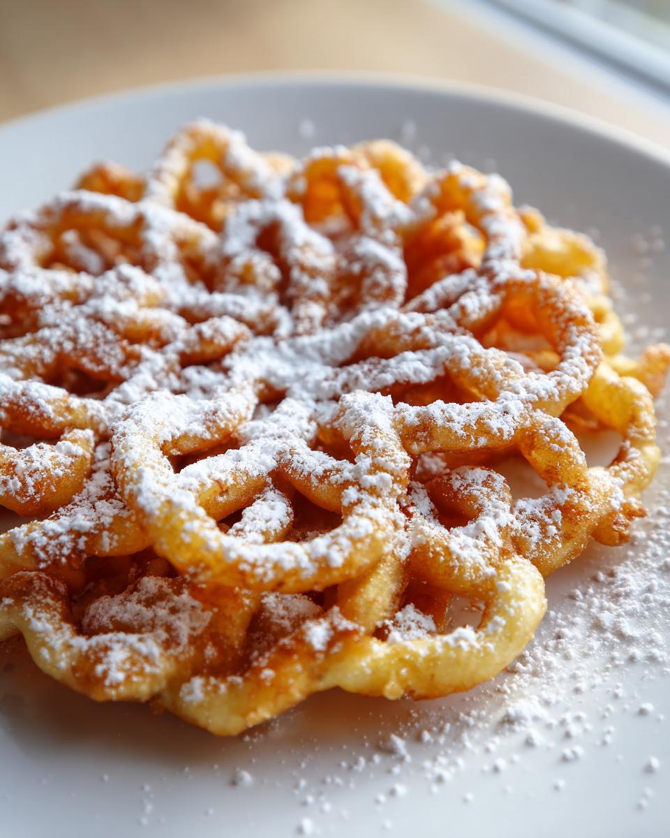 Close-up of a freshly made, golden brown funnel cake recipe generously dusted with powdered sugar on a white plate.