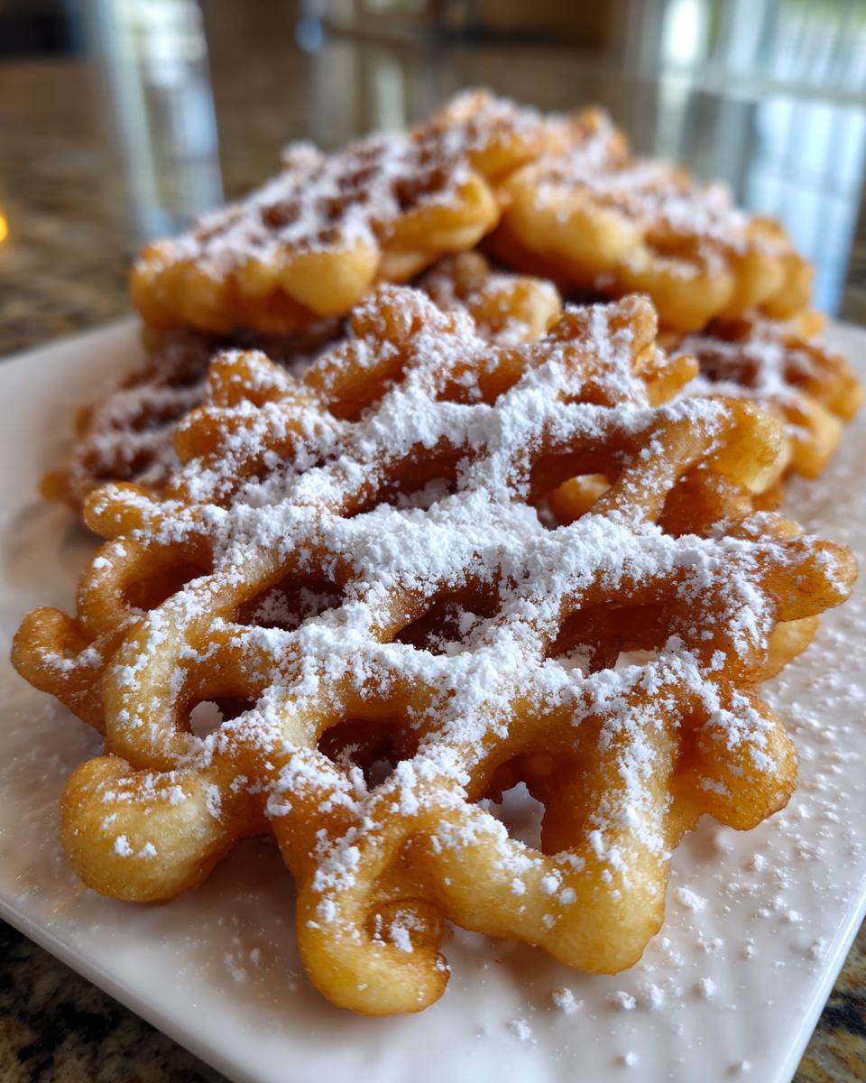Close-up of freshly fried funnel cake recipe pieces piled on a white plate, heavily dusted with powdered sugar.