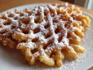 Close-up of a freshly made funnel cake recipe dusted generously with white powdered sugar on a white plate.