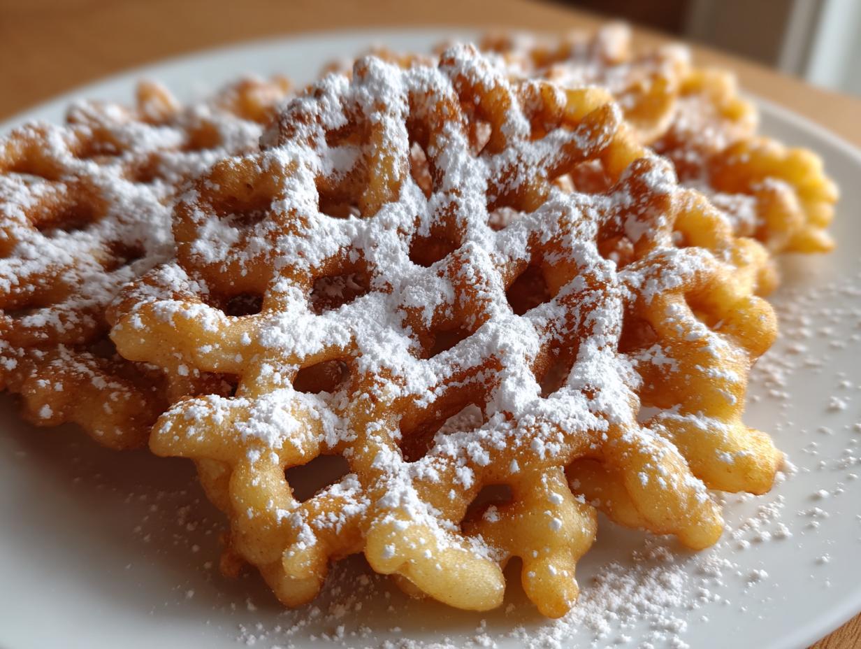 Close-up of a freshly made funnel cake recipe dusted generously with white powdered sugar on a white plate.