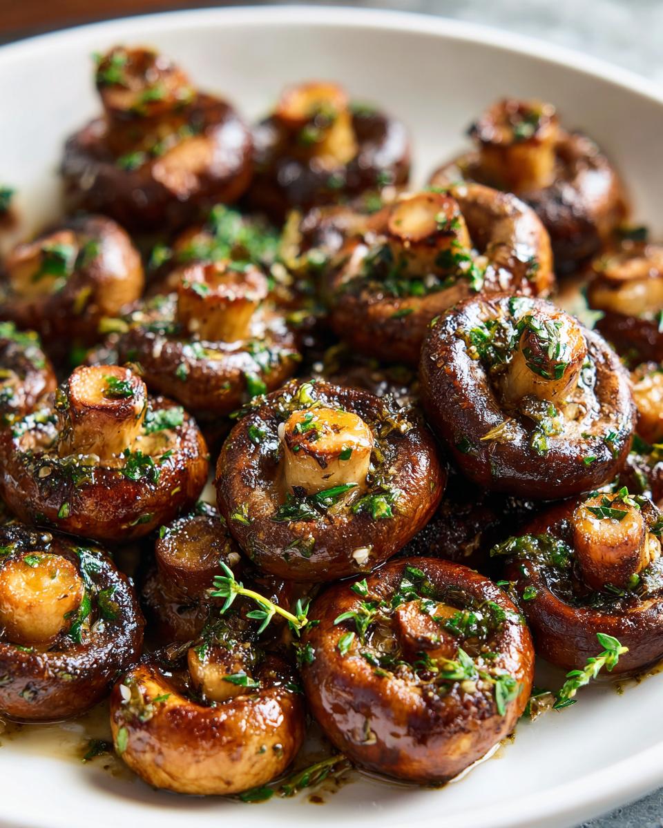 A close-up of glossy, brown sautéed garlic butter mushrooms garnished with fresh parsley and thyme.