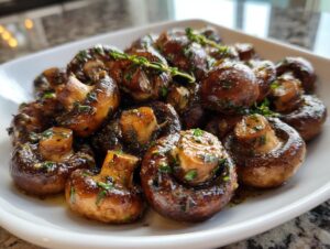 A close-up of whole, sautéed garlic butter mushrooms glistening in sauce and garnished with fresh herbs.