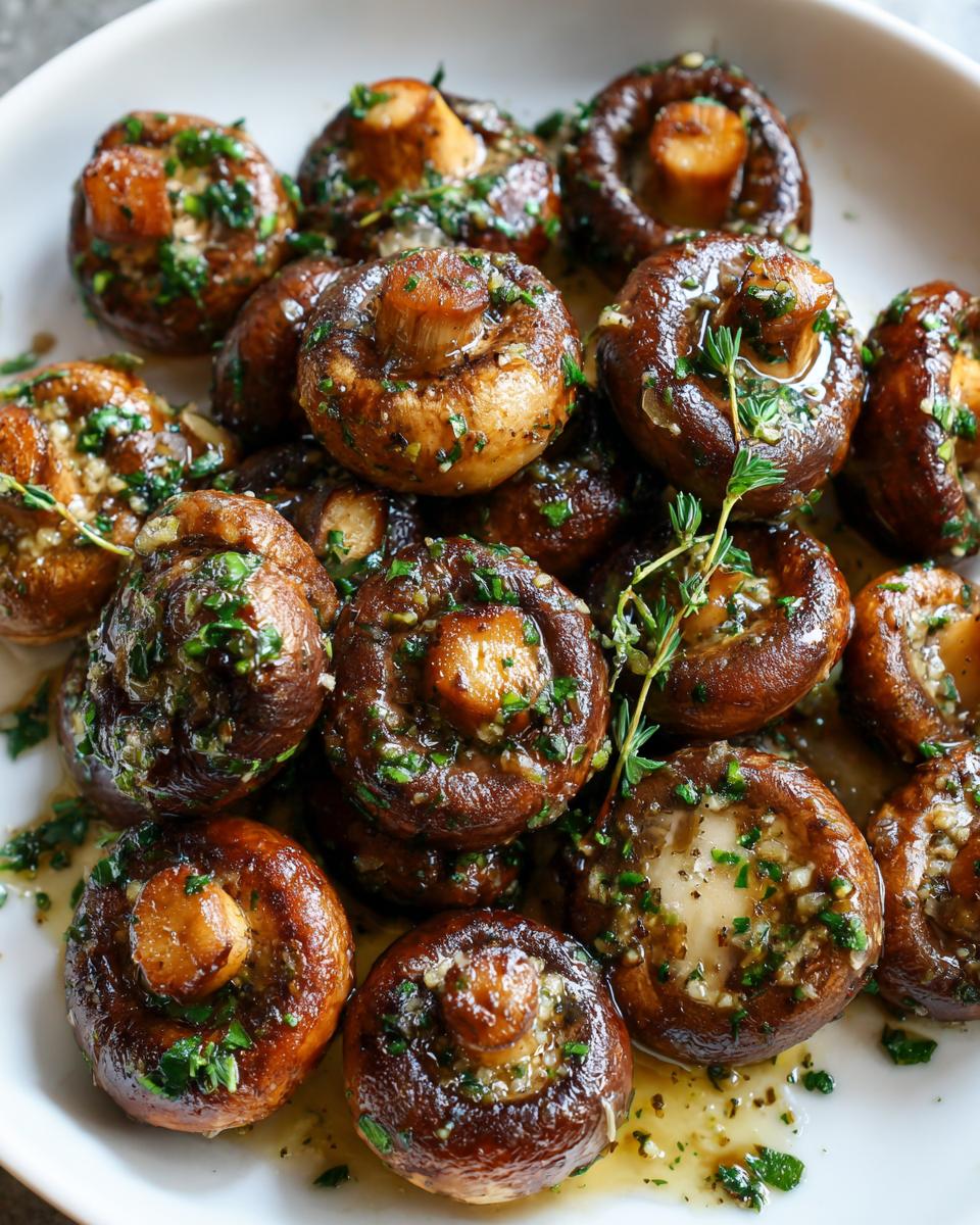 A close-up of rich, brown garlic butter mushrooms garnished with fresh parsley and thyme.