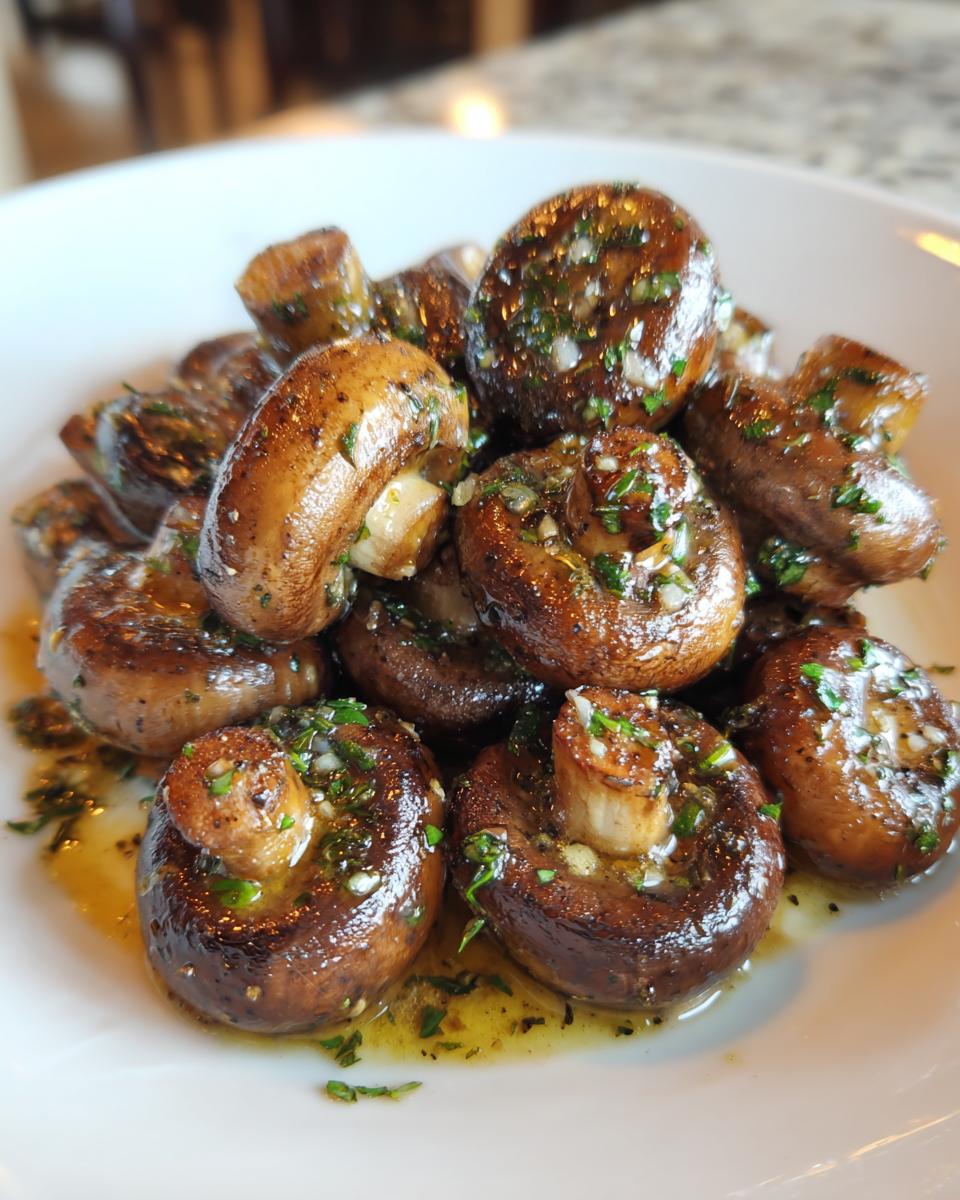A close-up of glossy, sautéed garlic butter mushrooms piled on a white plate, glistening with butter and herbs.