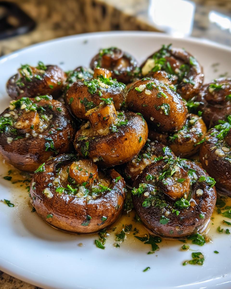 A close-up of whole, sautéed garlic butter mushrooms glistening with butter and topped with fresh chopped parsley.