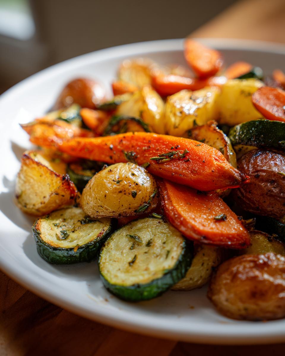 A close-up of perfectly roasted carrots, potatoes, and zucchini seasoned for Garlic Herb Roasted Veggies.