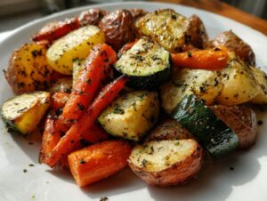 A close-up of perfectly cooked Garlic Herb Roasted Veggies, including carrots, zucchini, and potatoes, seasoned with herbs.
