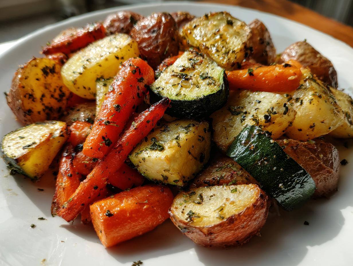 A close-up of perfectly cooked Garlic Herb Roasted Veggies, including carrots, zucchini, and potatoes, seasoned with herbs.