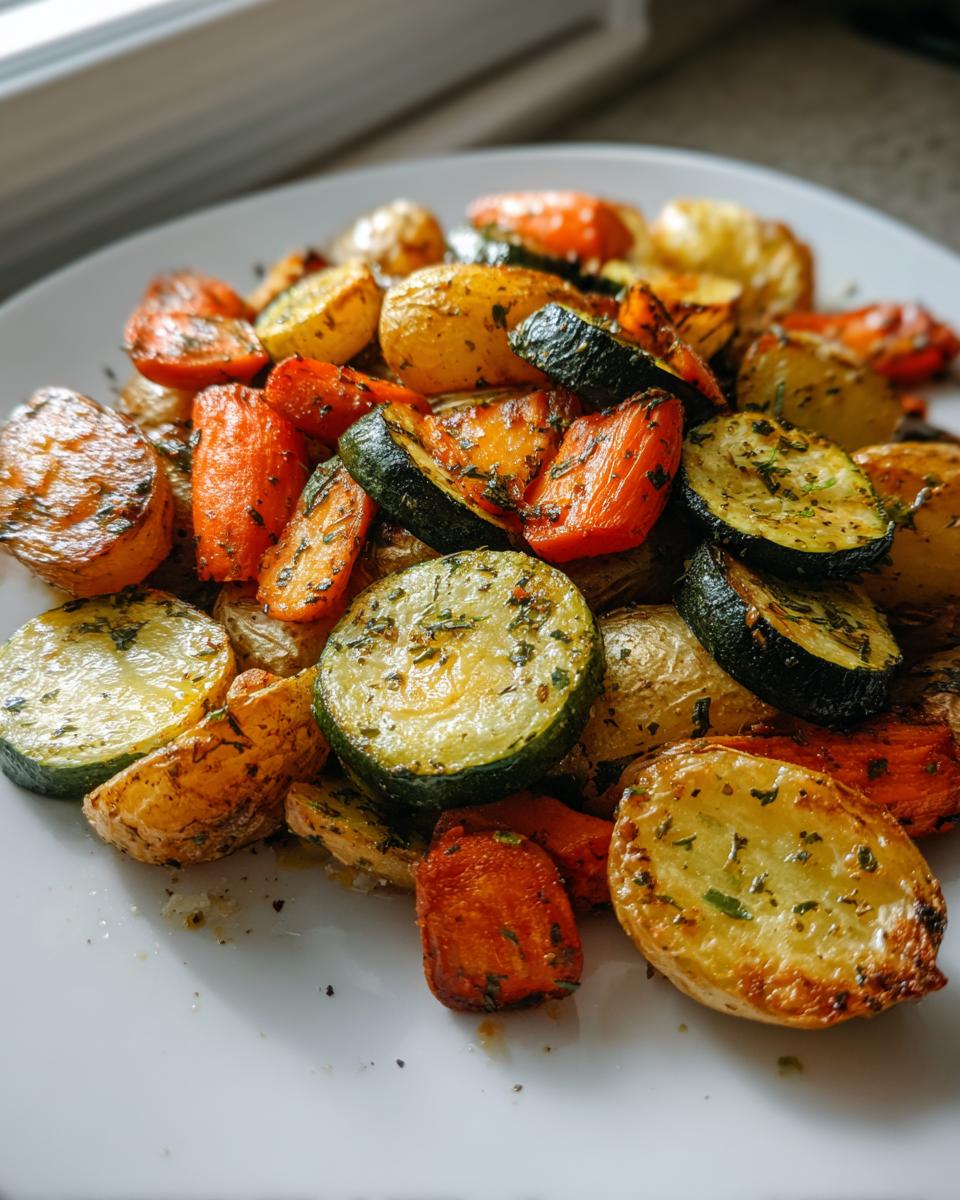 A close-up of perfectly cooked Garlic Herb Roasted Veggies including potatoes, carrots, and zucchini slices on a white plate.