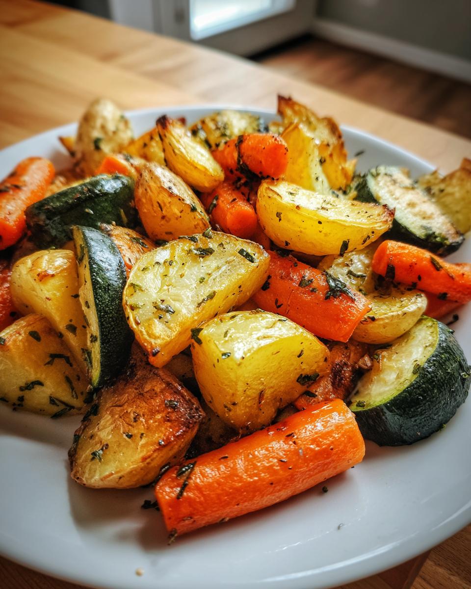 A close-up of perfectly cooked Garlic Herb Roasted Veggies, including golden potatoes, bright carrots, and dark green zucchini.