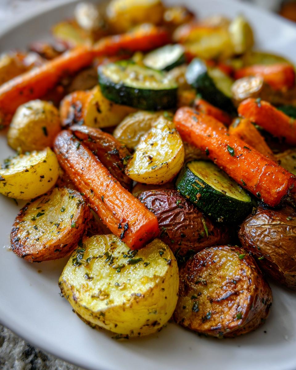 A close-up of perfectly roasted potatoes, carrots, and zucchini seasoned with herbs for Garlic Herb Roasted Veggies.