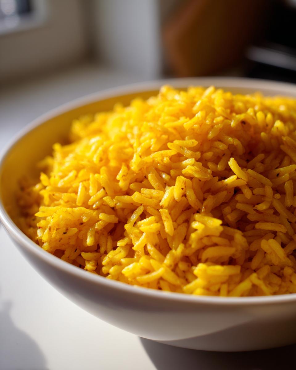 Close-up of a white bowl filled with vibrant yellow garlic turmeric rice, highlighted by natural light.