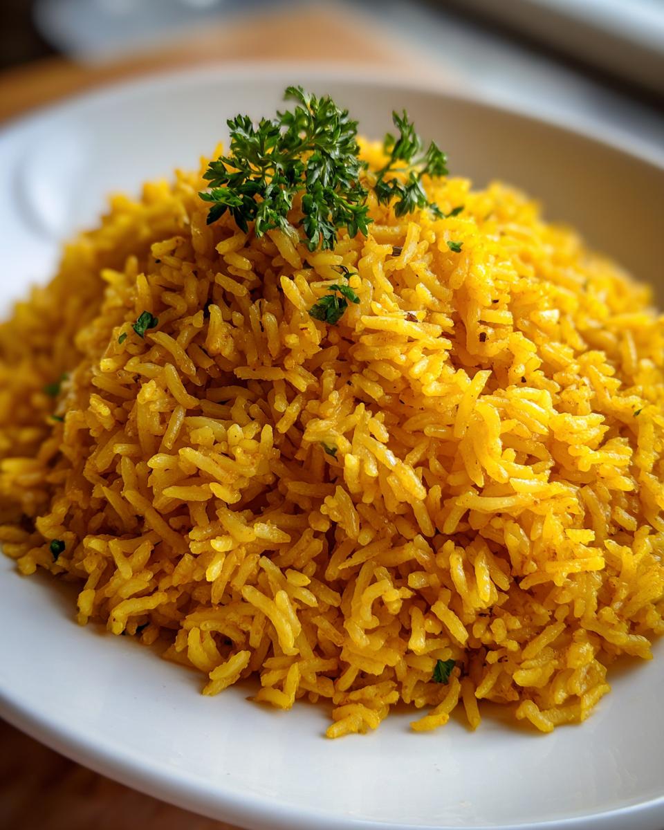 A close-up of fluffy, bright yellow turmeric rice garnished with fresh parsley on a white plate.