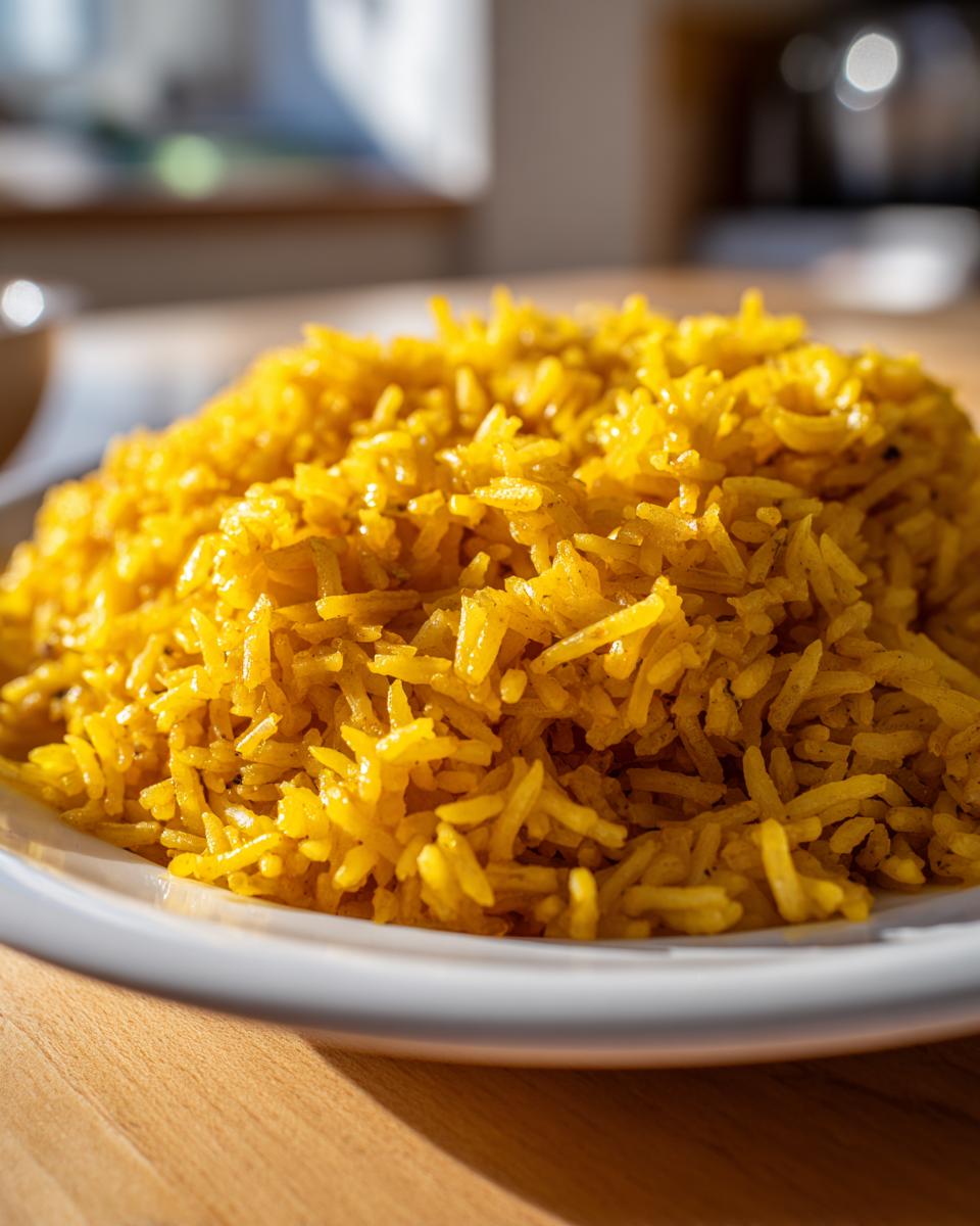 Close-up of a mound of bright yellow, fluffy garlic turmeric rice served on a white plate.