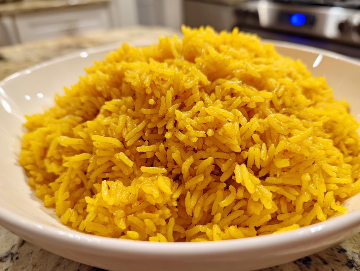 Close-up of fluffy, vibrant yellow turmeric rice served in a white bowl, ready to eat.
