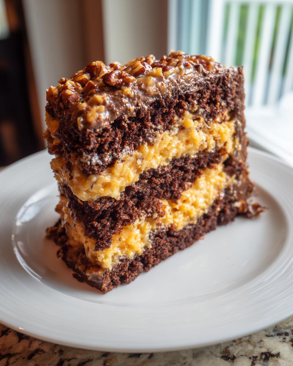 A tall slice of moist german chocolate cake recipe showing layers of dark chocolate cake and coconut-pecan filling.