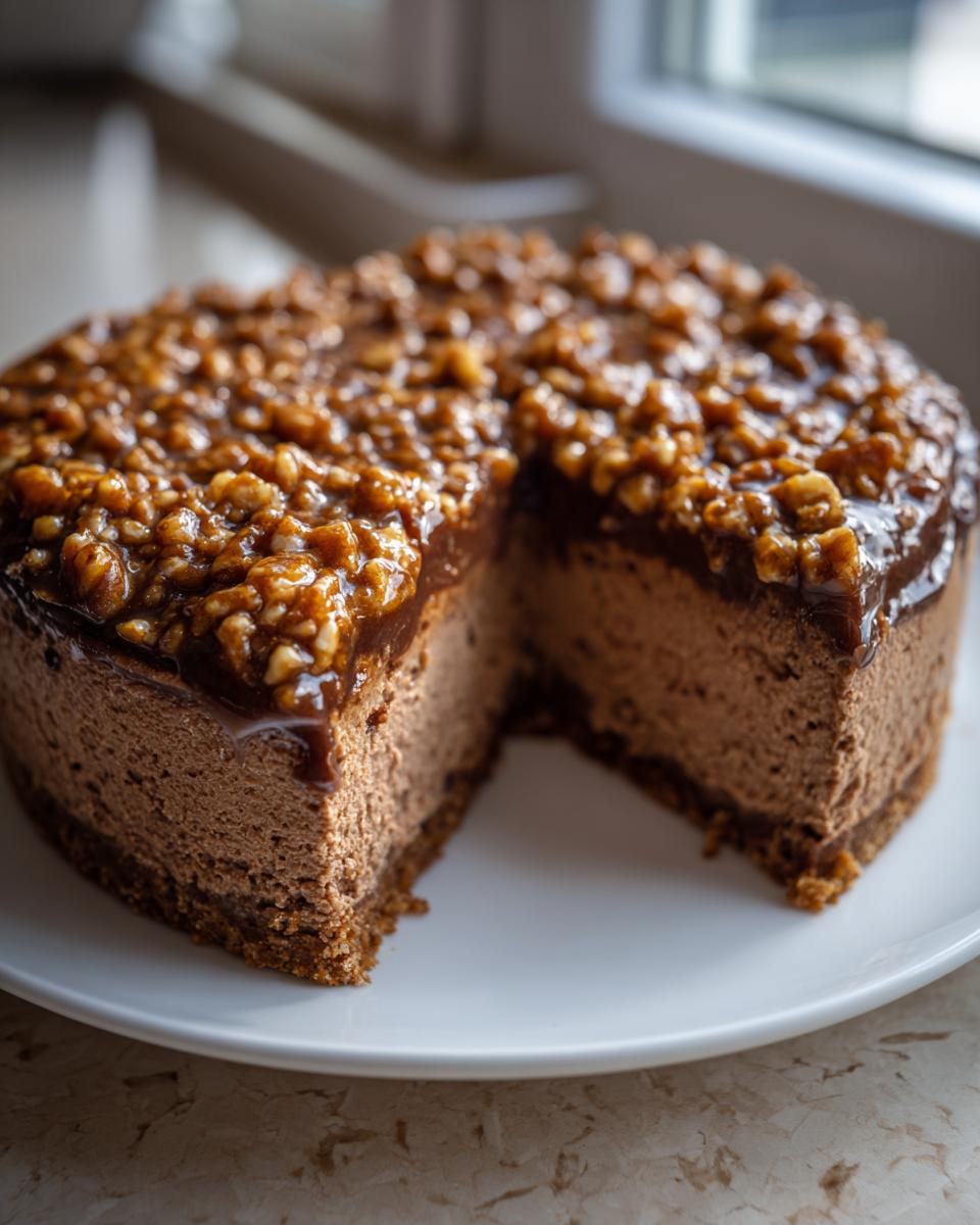 A rich, round german chocolate cheesecake with a slice removed, topped with glossy caramel and pecans.