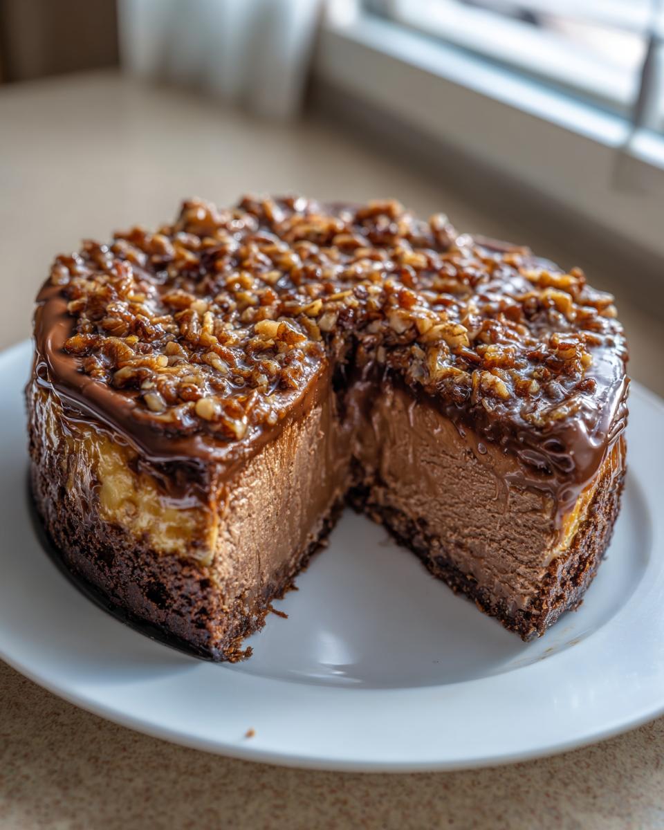 A rich, decadent german chocolate cheesecake with a slice removed, showing the chocolate filling and pecan caramel topping.