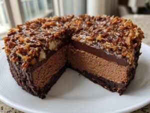 A cross-section view of a decadent german chocolate cheesecake showing a dark crust, chocolate mousse layer, and pecan topping.