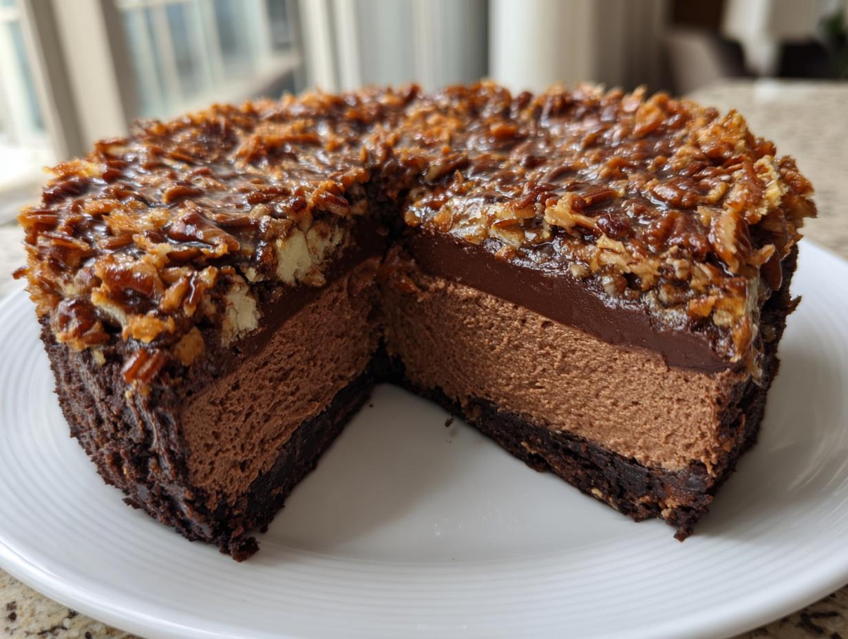 A cross-section view of a decadent german chocolate cheesecake showing a dark crust, chocolate mousse layer, and pecan topping.
