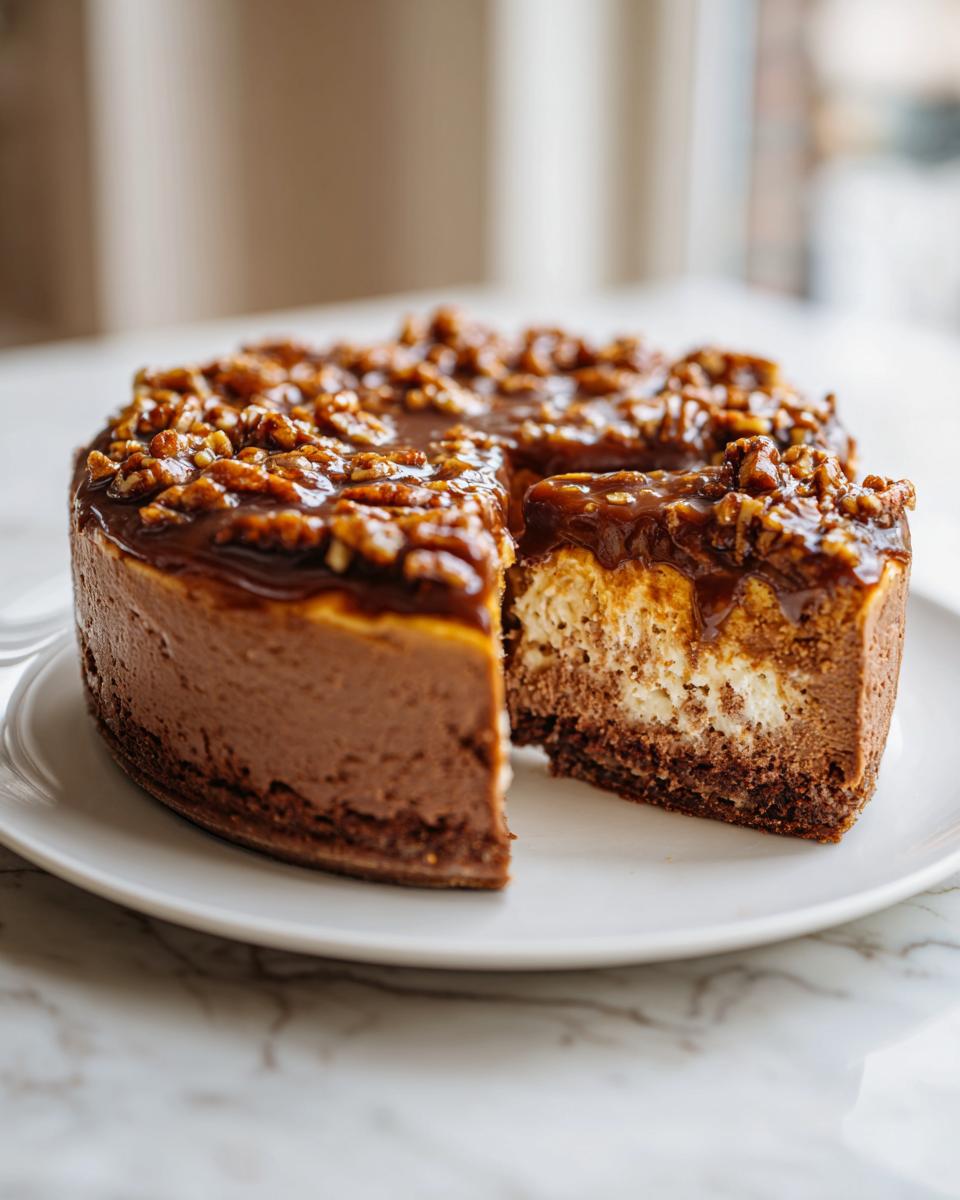 A slice removed from a rich german chocolate cheesecake topped with gooey caramel and chopped pecans.