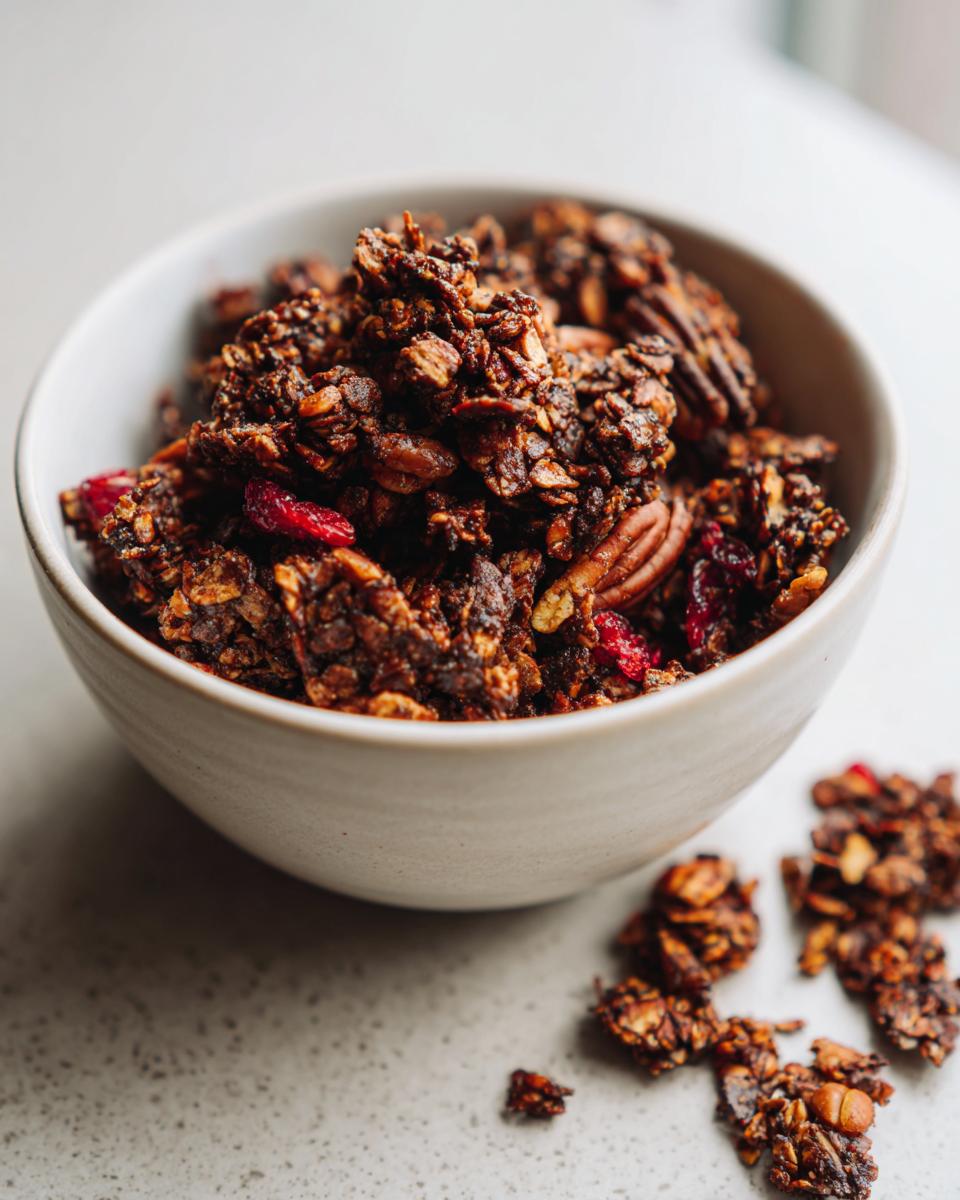 A close-up of a light beige bowl filled with dark, crunchy gingerbread granola, featuring pecans and dried cranberries.