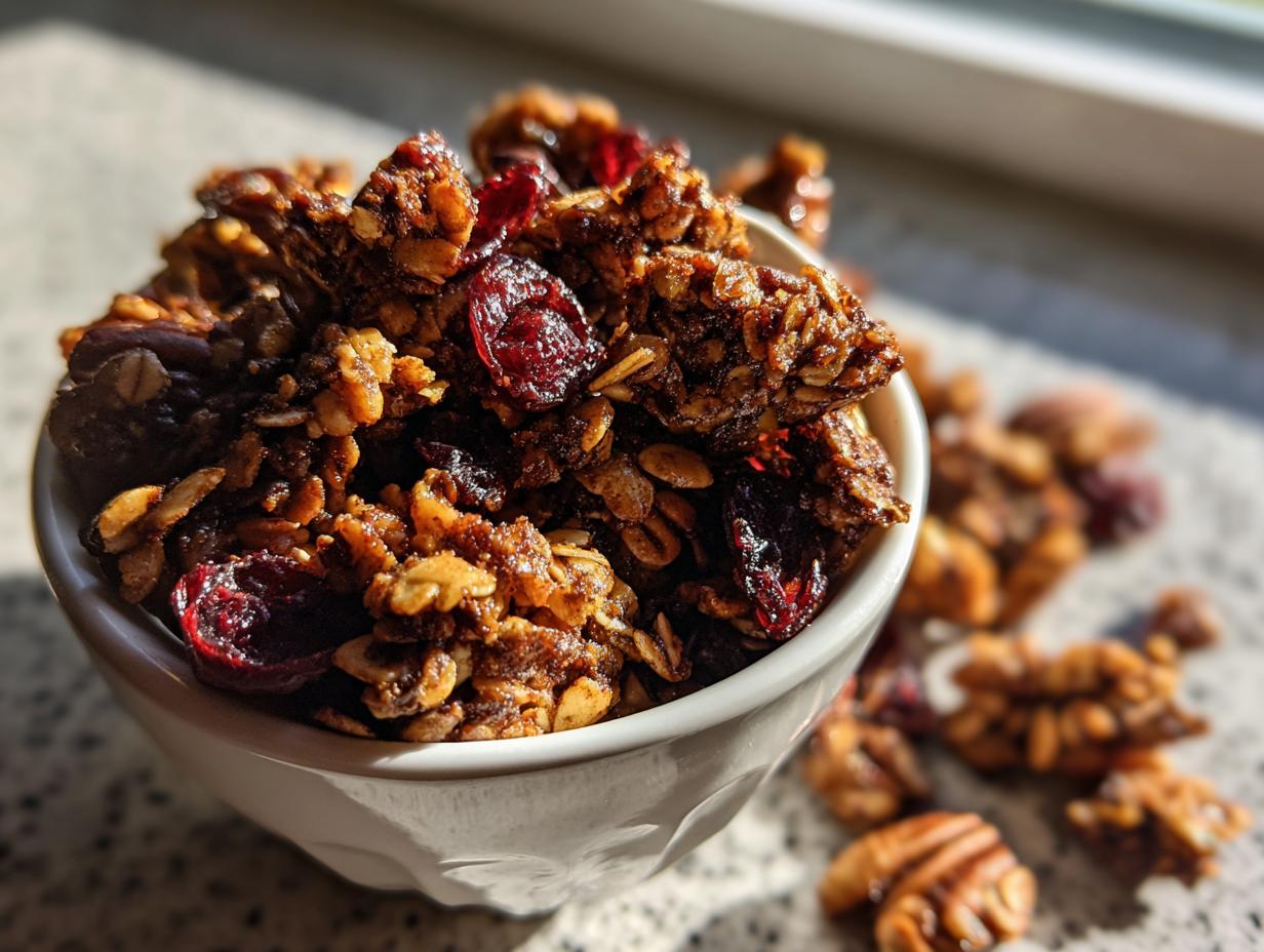 A white bowl filled with rich, dark gingerbread granola mixed with dried cranberries and pecans, highlighted by sunlight.
