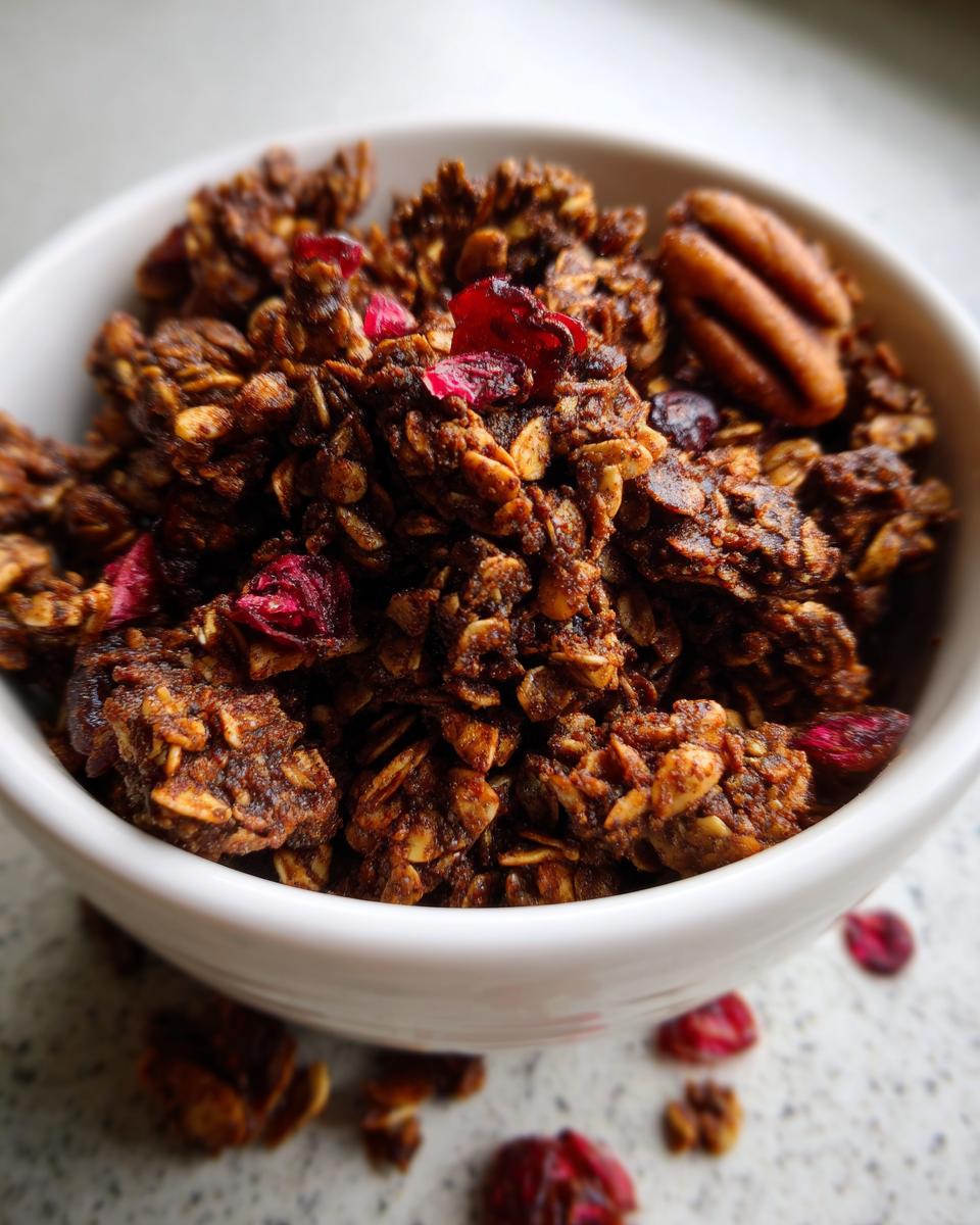 A close-up shot of dark, spiced gingerbread granola clusters mixed with dried cranberries and pecans in a white bowl.
