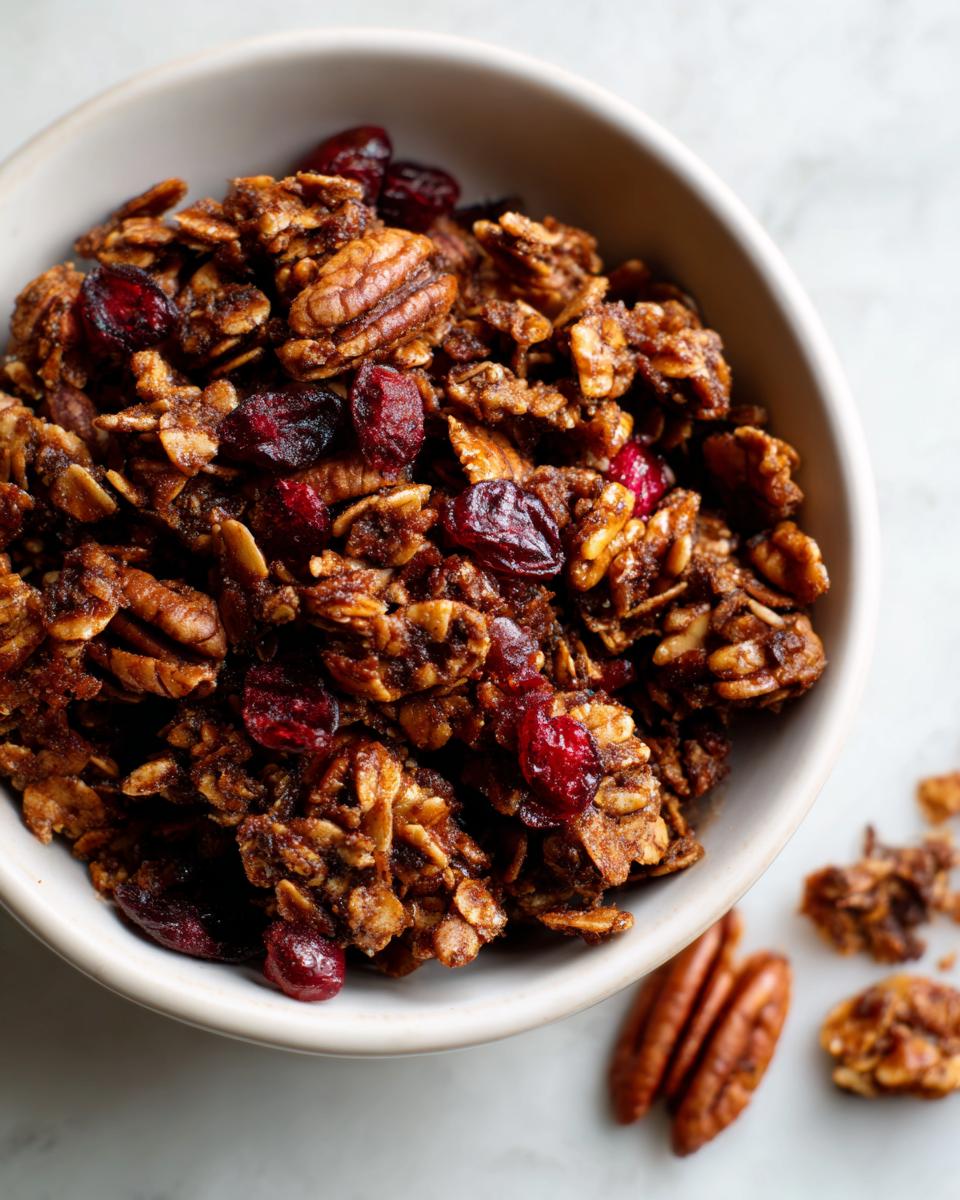 A close-up overhead shot of rich, dark gingerbread granola mixed with pecans and dried cranberries in a white bowl.