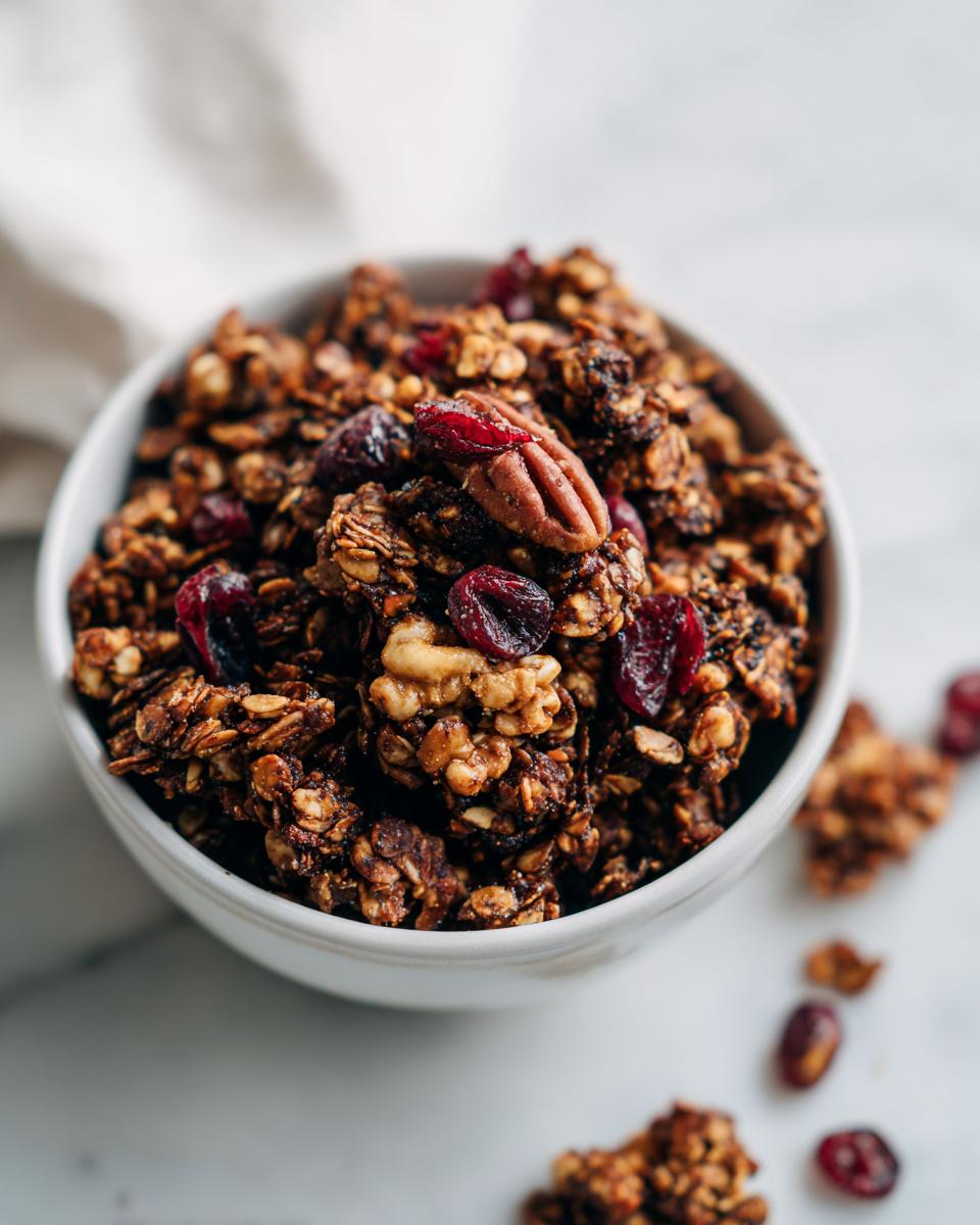 A close-up of rich, dark gingerbread granola mixed with pecans and dried cranberries served in a white bowl.