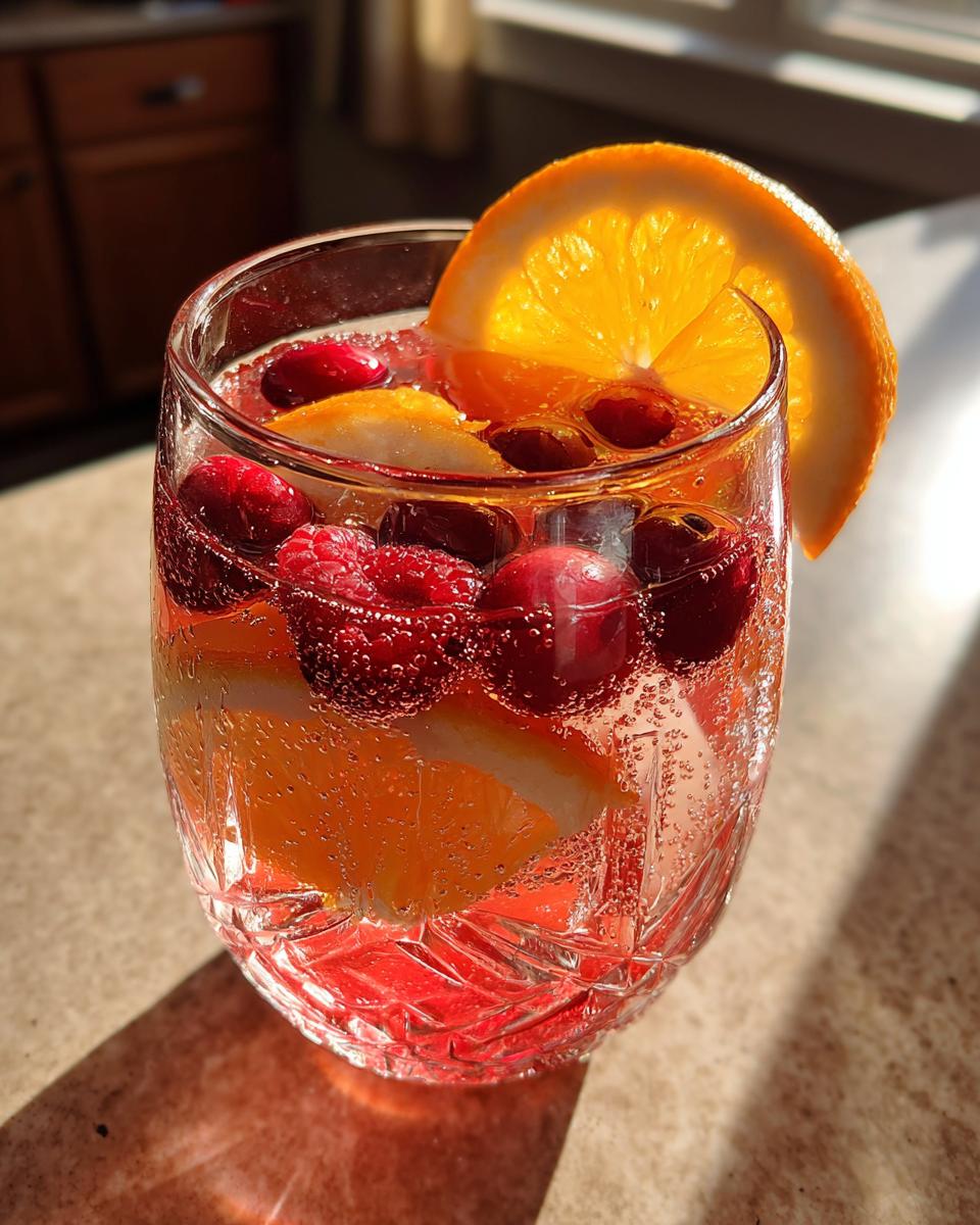 A single glass of sparkling champagne punch filled with raspberries, cranberries, and orange slices, catching bright sunlight.