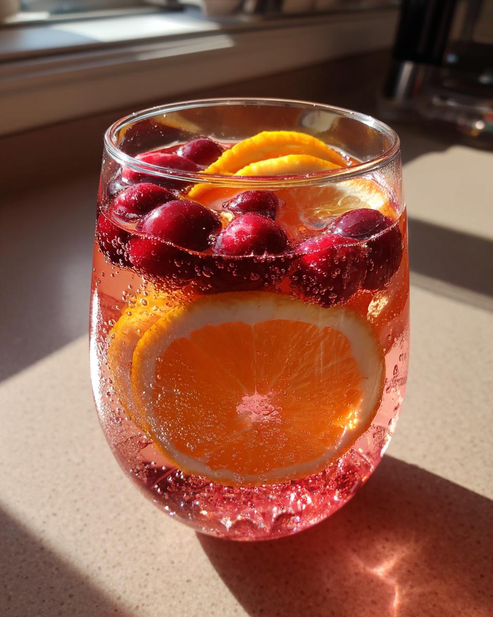 Close-up of a glass filled with bubbly pink champagne punch garnished with fresh cranberries and orange slices.