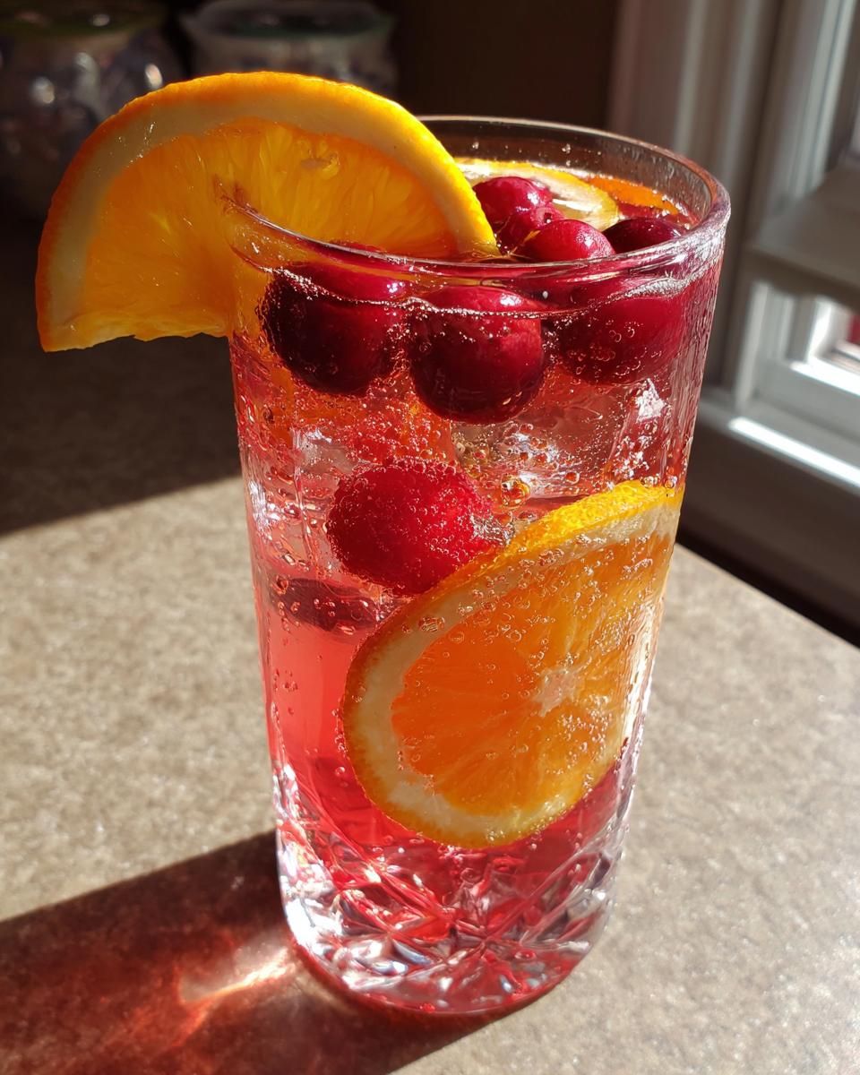 Close-up of a tall glass filled with sparkling red champagne punch, garnished with fresh cranberries and orange slices.