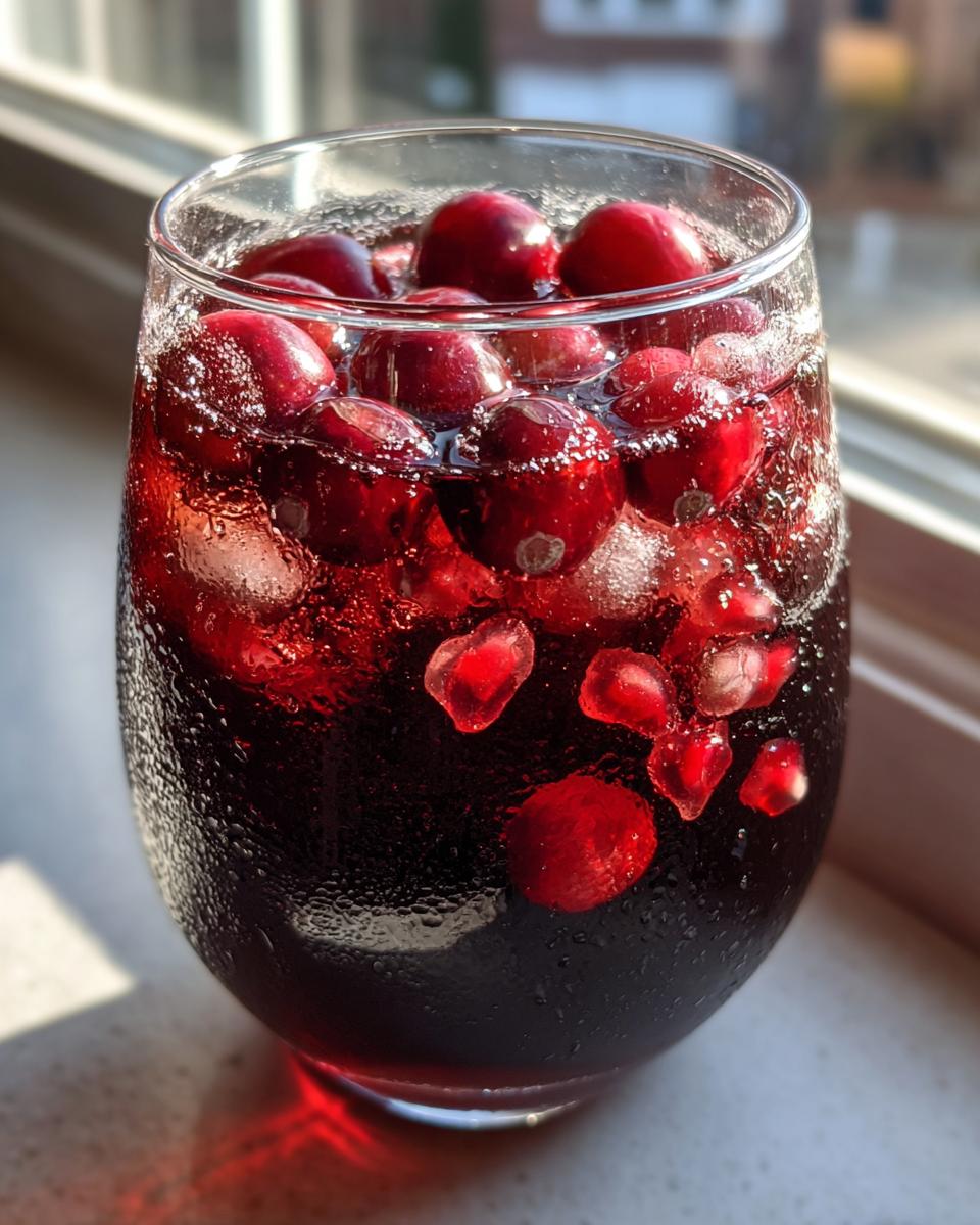 Close-up of a glass filled with dark red holiday sangria, ice, whole cranberries, and pomegranate seeds.