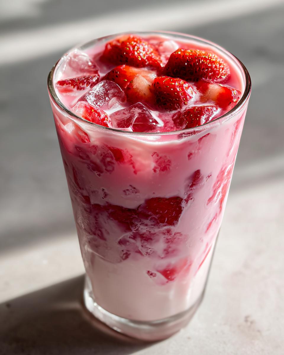 Close-up of a tall glass filled with homemade strawberry milk, ice cubes, and fresh strawberry pieces.