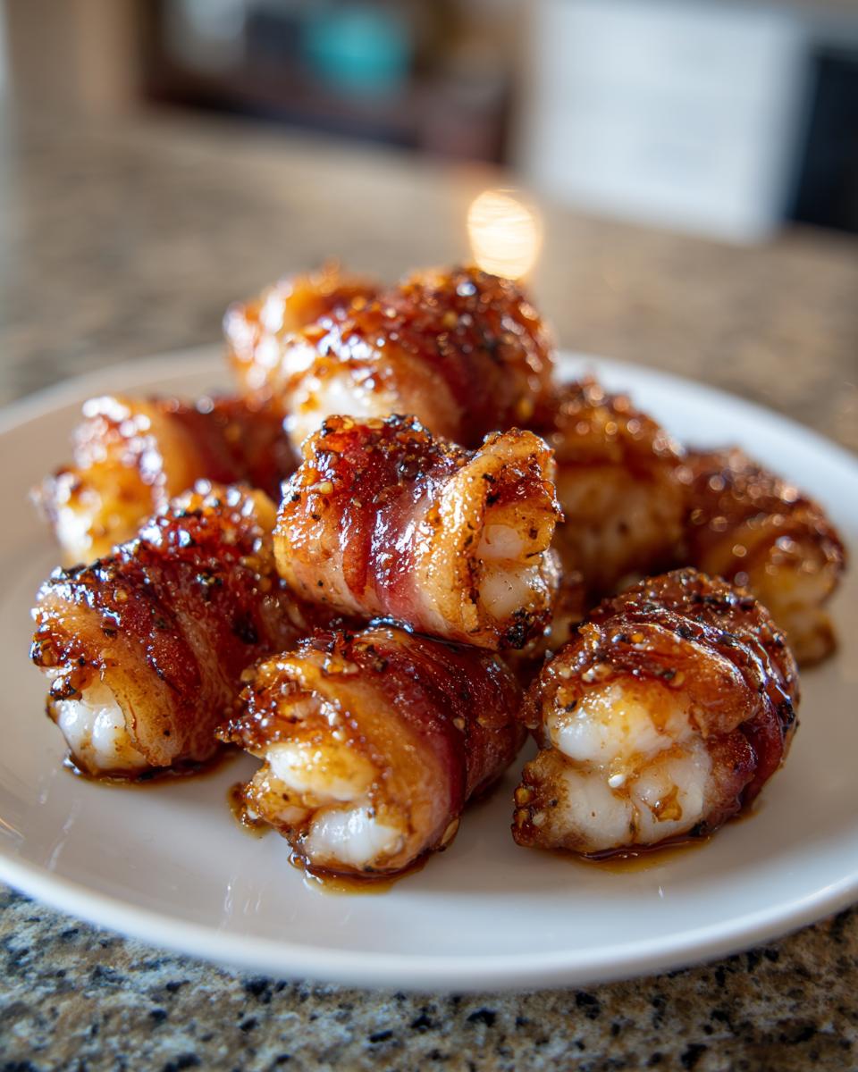 Close-up of several glazed bacon wrapped shrimp piled on a white plate, showing crispy bacon and white shrimp tails.