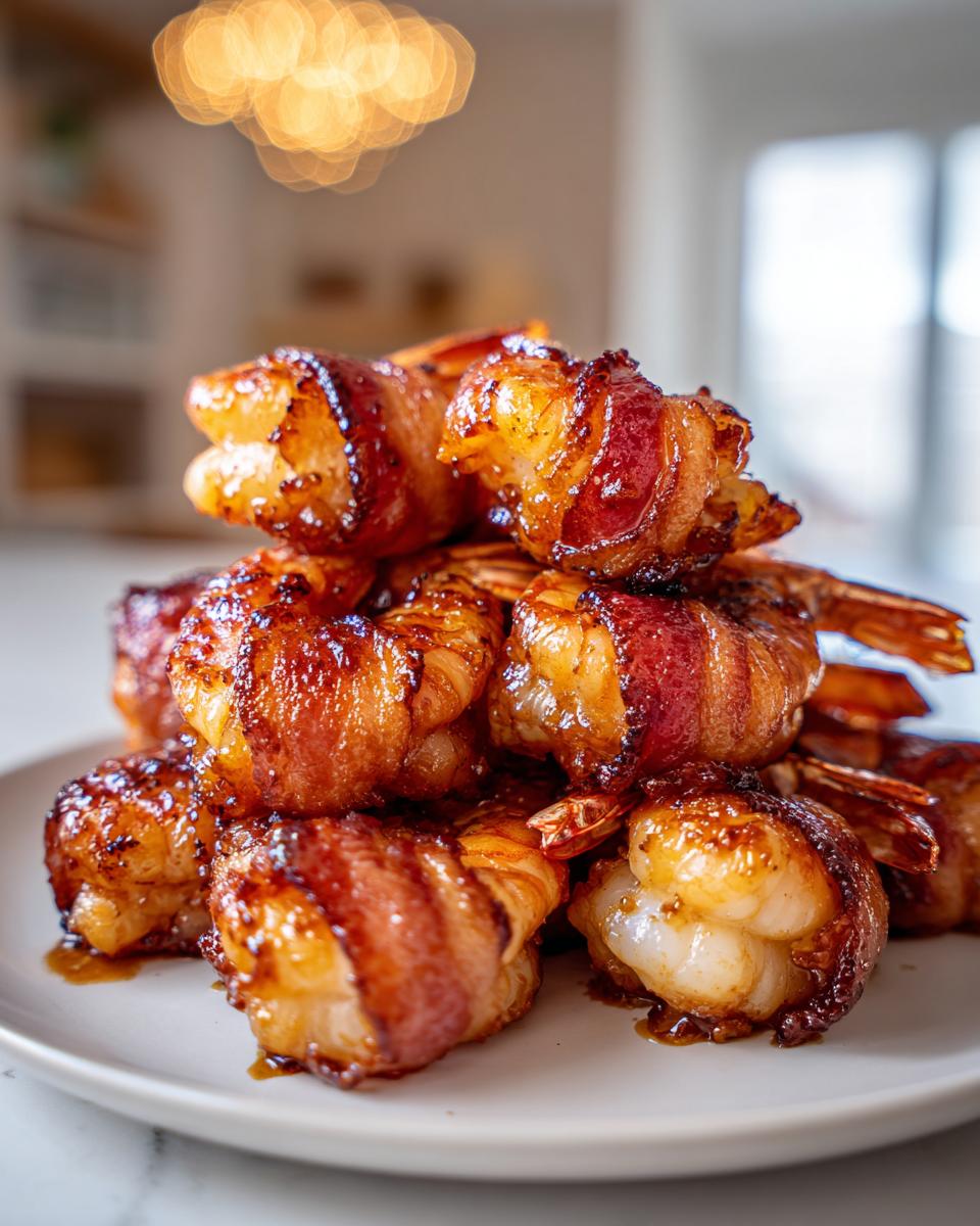 A close-up stack of perfectly cooked, glazed bacon wrapped shrimp on a white plate.