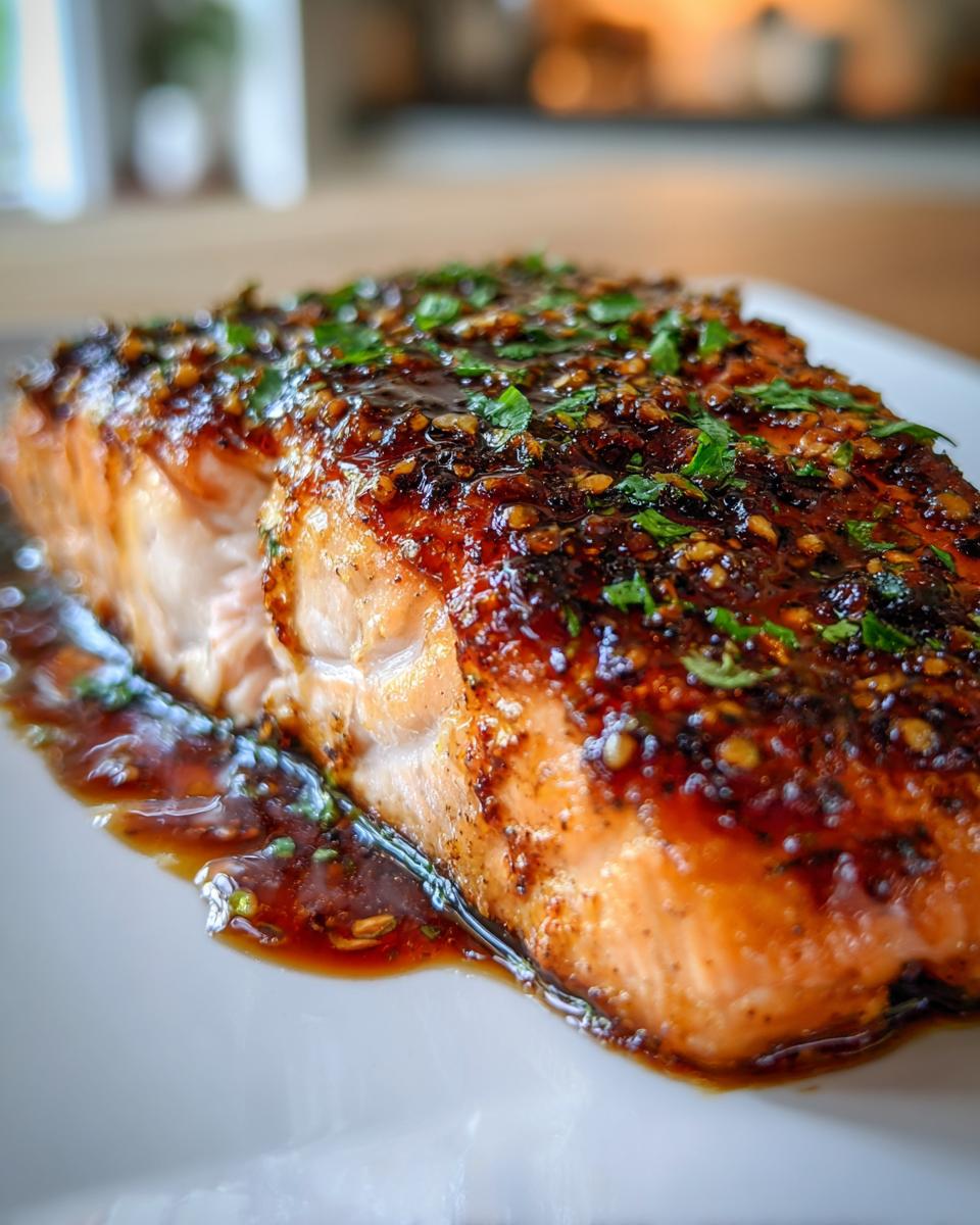 Close-up of a perfectly cooked baked salmon recipe fillet covered in a dark, sticky glaze with sesame seeds and parsley.