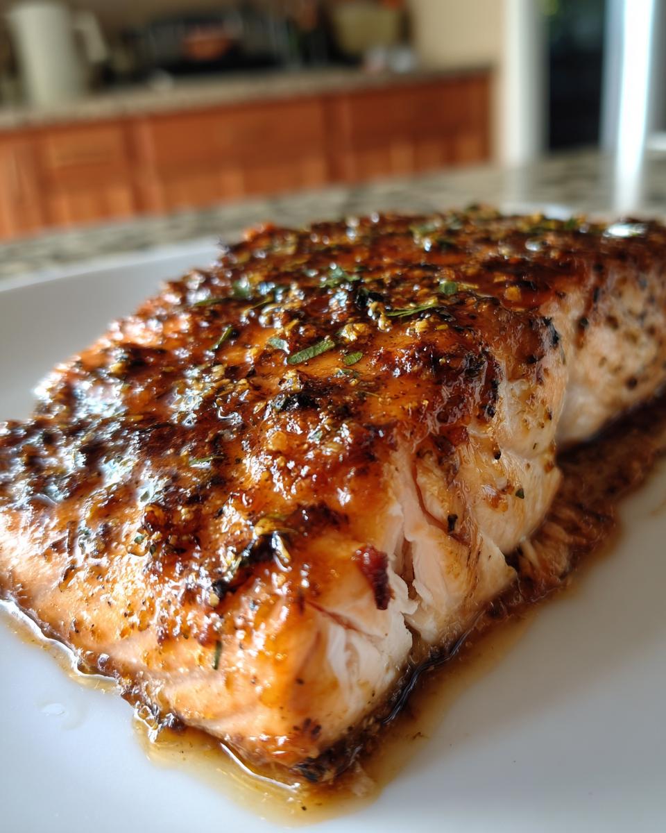 Close-up of a perfectly cooked, glazed piece of salmon from the baked salmon recipe, resting in its juices.