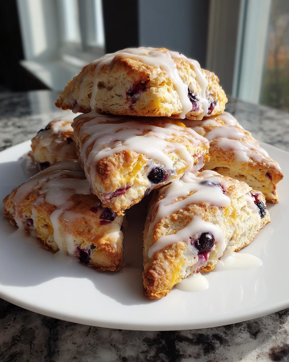 A stack of freshly baked, flaky blueberry scones drizzled with white vanilla glaze, sitting on a white plate.