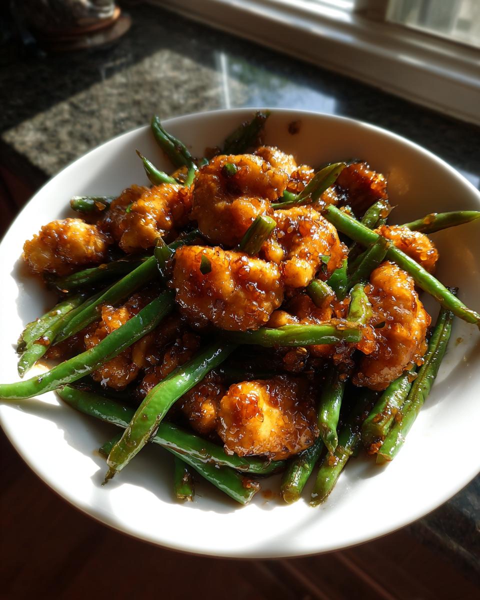 Close-up of saucy, glazed chicken pieces mixed with bright green beans, served in a white bowl.