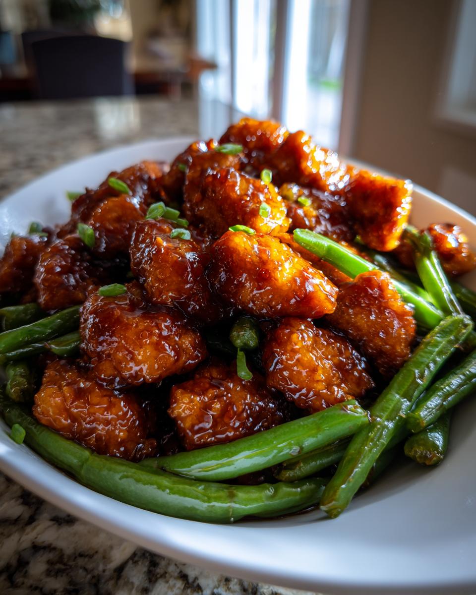 Close-up of glossy, saucy chicken pieces served with bright green beans, a perfect example of chicken and green beans.