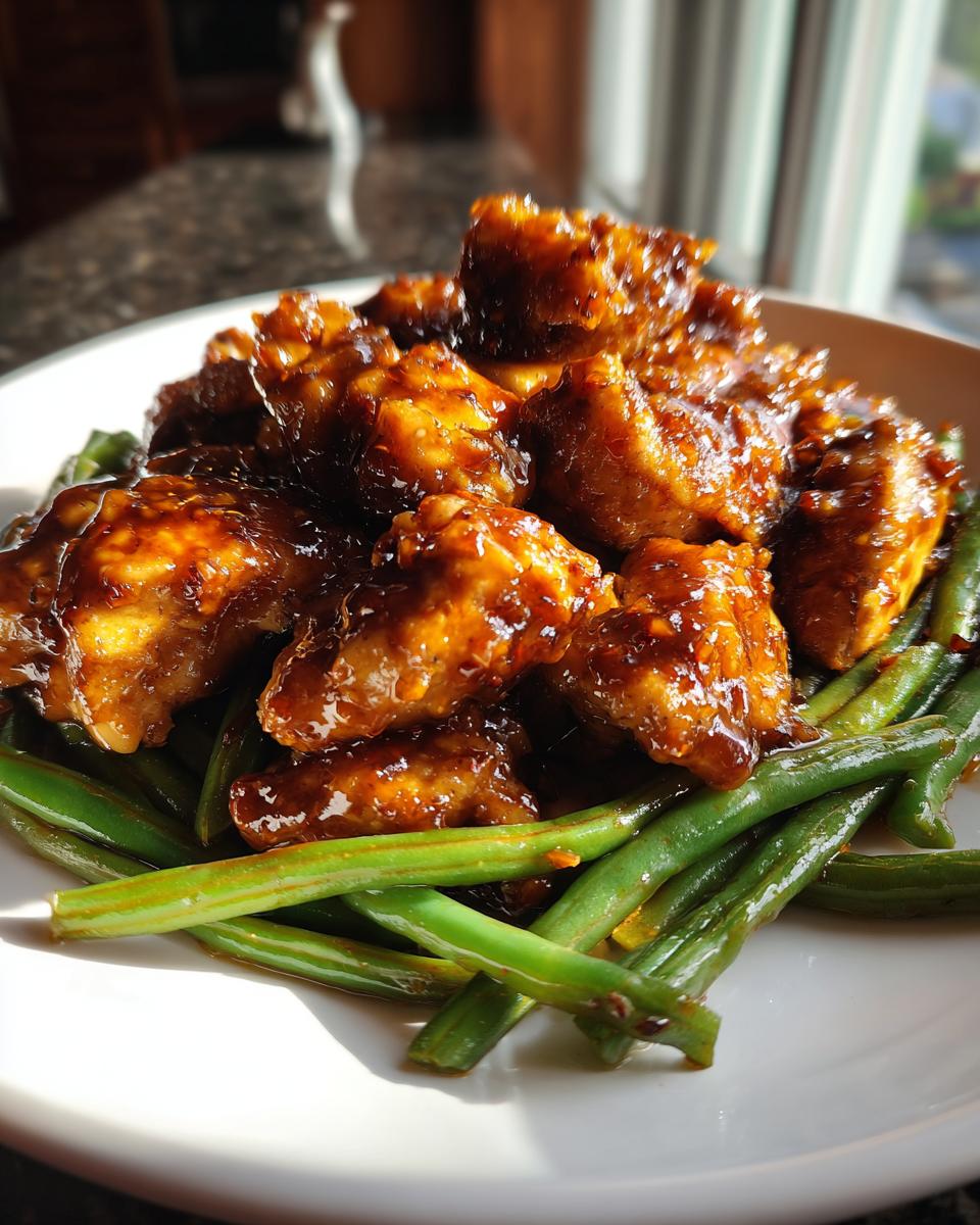Close-up of glazed, saucy chicken pieces served over bright green beans, showcasing the chicken and green beans dish.