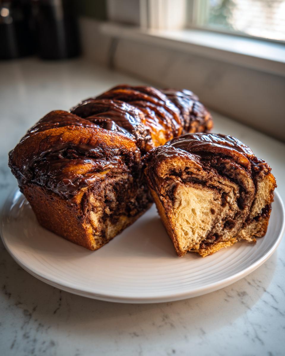 A rich, glossy chocolate babka loaf with one thick slice cut away, revealing the swirled interior.