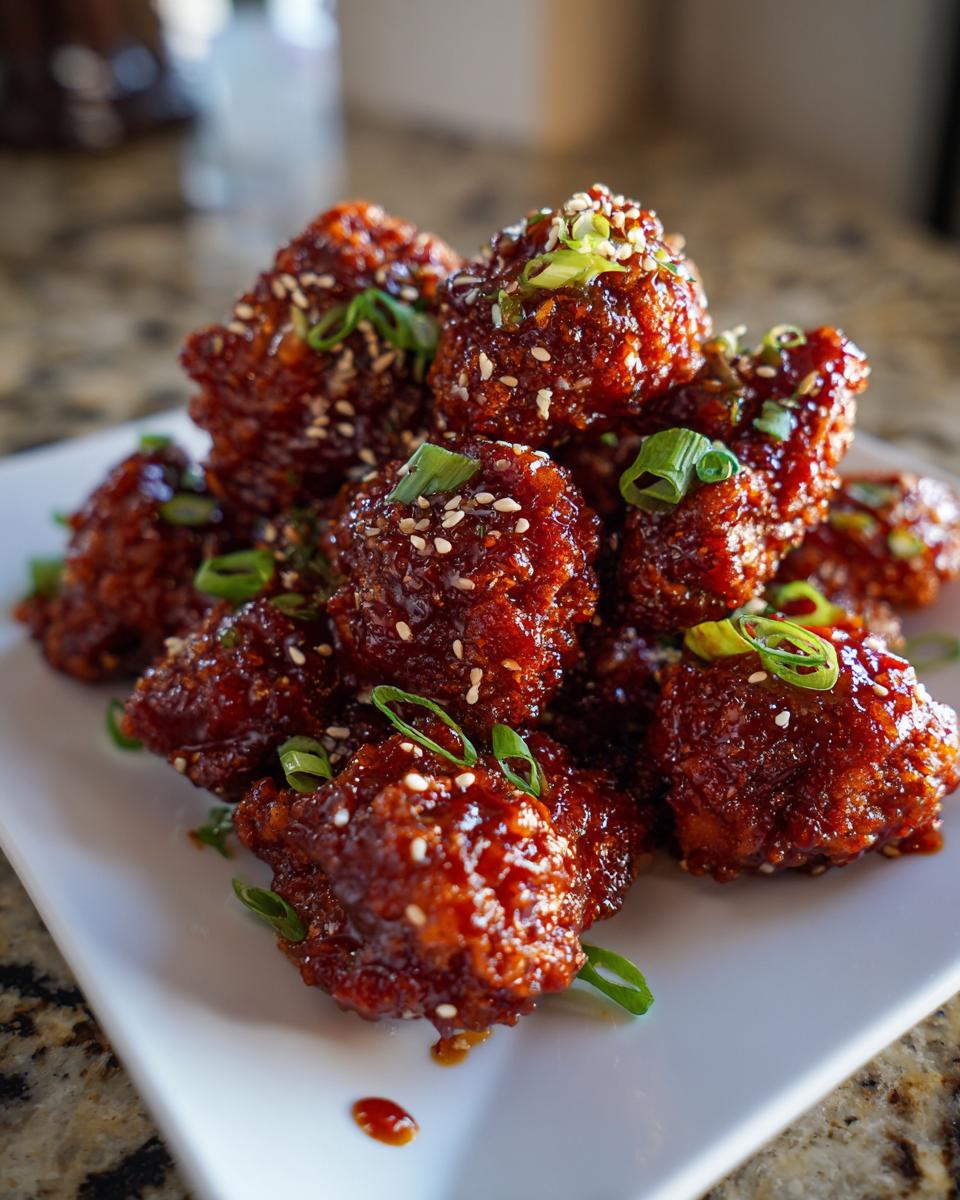 A close-up of crispy, glazed korean fried chicken pieces topped with sesame seeds and green onions.