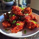 A pile of glistening, saucy korean fried chicken pieces topped with sesame seeds and chopped green onions.